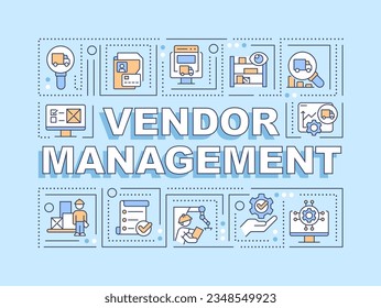 Vendor management text with various thin line icons concept on blue monochromatic background, editable 2D vector illustration.