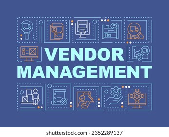 Vendor management text with various thin line icons concept on dark blue monochromatic background, editable 2D vector illustration.