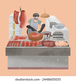 El vendedor en el puesto de carne está cortando carne