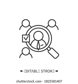Vendor selection line icon. Product supplies management. Delivery. Business partners searching. Stages and elements of a successful production cycle. Editable stroke