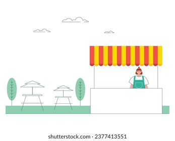 A vendor selling food at a stand with chairs and umbrellas, in a city park in summer. Character design. Vector flat illustration