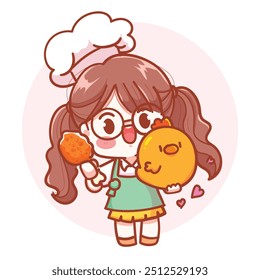 Vendor selling roasted chicken, dressed in a chef's outfit, holding a fried chicken leg in one hand and cradling a baby chick in the other. Hand-drawn illustration and vector