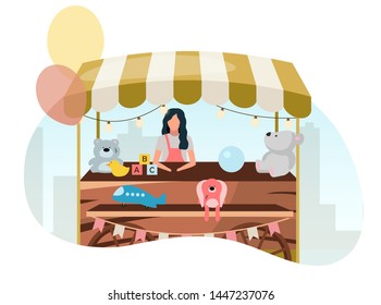 Vendor Selling Toys At Street Market Wooden Cart Flat Illustration. Retro Fair Store Stall On Wheels. Trade Trolley With Craft Toys. Summer Festival, Carnival Outdoor Shop Seller Cartoon Character