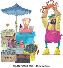 Vendor stays near cute seafood marketplace full of all kind of oceanic and sea food. Cartoon. Caricature.