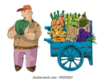 vendor with watermelon near cart - cartoon