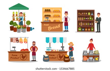 Vendors Characters Selling Farm Products Vector Illustrated Set