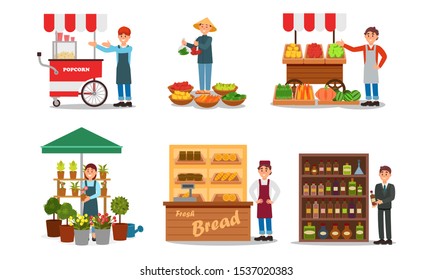 Vendors Characters Selling Products Vector Illustrated Set