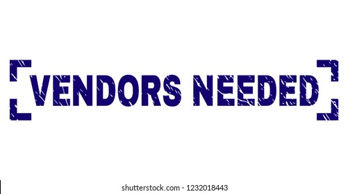 VENDORS NEEDED text seal print with distress texture. Text tag is placed inside corners. Blue vector rubber print of VENDORS NEEDED with dirty texture.
