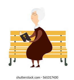 Venerable old woman on a park bench reading a bible. The symbol of old age and 
religiosity. Stock vector illustration