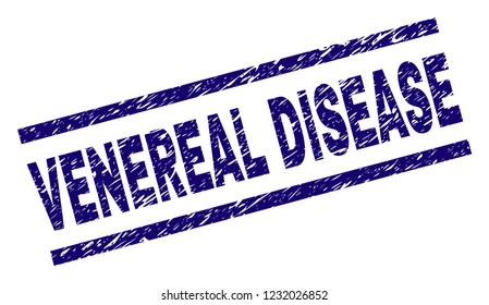 VENEREAL DISEASE seal print with grunge style. Blue vector rubber print of VENEREAL DISEASE title with dirty texture. Text title is placed between parallel lines.