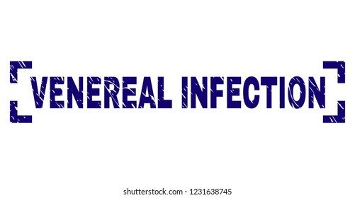 VENEREAL INFECTION tag seal print with distress texture. Text tag is placed between corners. Blue vector rubber print of VENEREAL INFECTION with unclean texture.