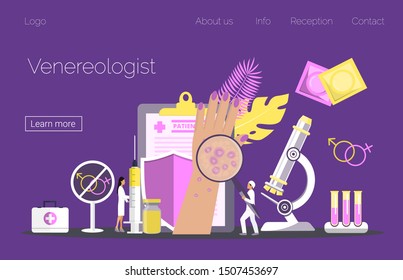 Venereologist landing page. Tiny doctors treat syphilis, gonorrhea, sexually transmitted diseases, infections risk. Medicine flat concept vector for app, web, banner. 