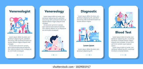 Venereologist mobile application banner set. Professional diagnostic of dermatology disease, sexually transmitted diseases and infection. Dermatovenerology. Vector illustration in cartoon style