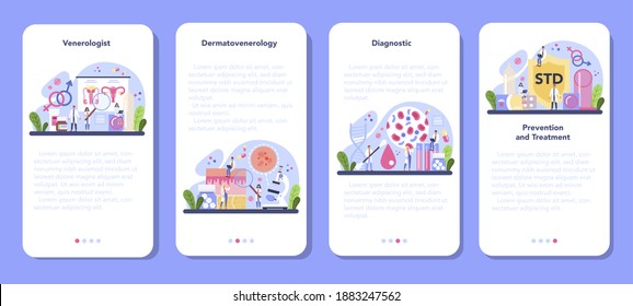 Venereologist mobile application banner set. Professional diagnostic of dermatology disease, sexually transmitted diseases and infection. Dermatovenerology. Vector flat illustration