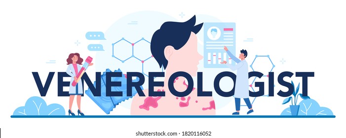 Venereologe typografische Header. Professionelle Diagnose von Hauterkrankungen, sexuell übertragbaren Krankheiten und Infektionen. Vektorgrafik im Cartographie-Stil