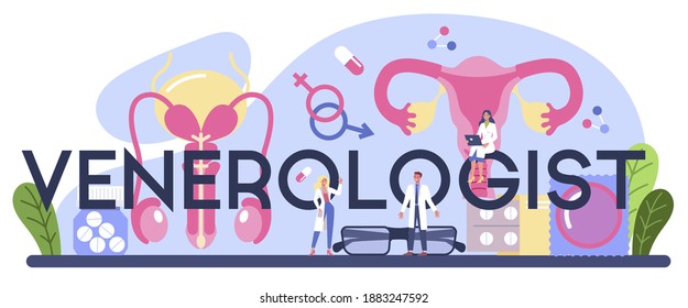 Encabezado tipográfico venereólogo. Diagnóstico profesional de enfermedades dermatológicas, enfermedades de transmisión sexual e infección. Dermatovenerología. Ilustración plana del vector