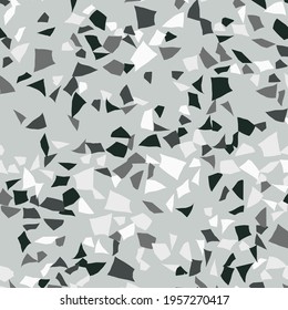 Venetian Abstract Terrazzo Pattern. Gray Marble Stone Background. Terrazzo Glass Quartz Material. Mosaic Rock Granite Texture. Vector Seamless Terazzo Design. Floor Pavement Irregular Print. Glass Art