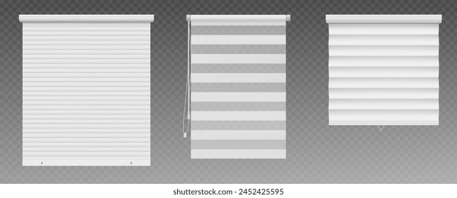 Jalousie für Fenster- oder Eingangstürschutz. Realistisches 3D-Vektorillustration-Set aus verschiedenen Jalousie-Typen - Metall-, Kunststoff- und Stoff-Rollladen und Rollabdeckungen und Jalousien.