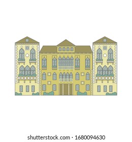 Venetian building facade detailed illustration. Beautiful renaissance building with Venetian-style windows, balcony. Venice, Italy