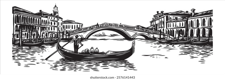 venetian canal with gondola and bridge in black and white hand-drawn style