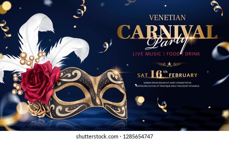 Venetian carnival banner with luxurious mask and streamers in 3d illustration