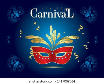 Venetian carnival banner with a luxurious mask and streamers in vector illustration