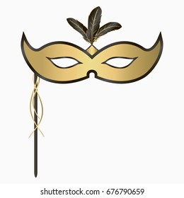 Venetian carnival face mask with feathers and handle. Decoration for masquerade party. Vector illustration.