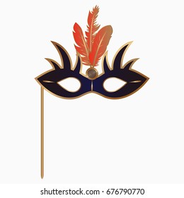 Venetian carnival face mask with feathers and handle. Decoration accessory for masquerade party. Vector illustration.
