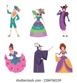 Venetian carnival. Fashioned authentic italian venetian characters in colored beautiful costumes and masks dancing exact vector people