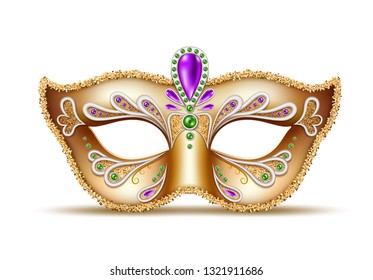 Venetian carnival golden mask. Mardi gras holiday, shrove tuesday, fat tuesday celebration mask. Brazil carnival, masquerade party face disguise accessory. Vector theater performance costume. 