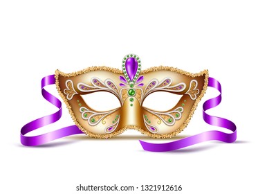 Venetian carnival golden mask. Mardi gras holiday, shrove tuesday, fat tuesday celebration mask. Brazil carnival, masquerade party face disguise accessory. Vector theater performance costume. 