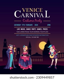 Venetian carnival invitation poster. Masquerade masks and costumes people, mardi gras party banner, traditional holiday, invitation cards, cartoon flat style isolated tidy vector concept