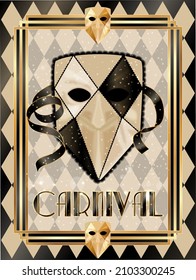 Venetian carnival mask Bauta Larva , invitation card in art deco style , vector illustration