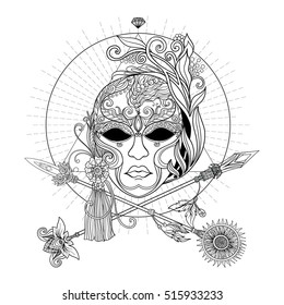 Venetian carnival mask and crossed swords. In decorative style. Coloring book for adult. Outline drawing coloring page.