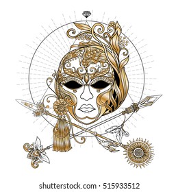 Venetian carnival mask and crossed swords. In decorative style. This illustration can be used as a print on T-shirts, bags, tattoo, badges or patch