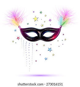 Venetian carnival mask with feathers, abstract background, poster, vector illustration