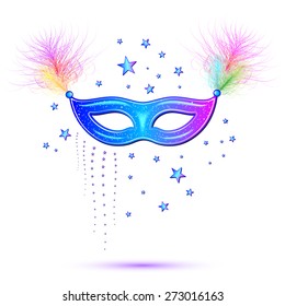 Venetian carnival mask with feathers, abstract background, poster, vector illustration