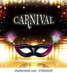 Venetian carnival mask with feathers, abstract background, poster, vector illustration