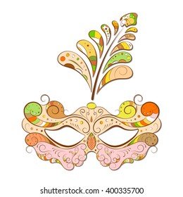 Venetian carnival mask with feathers, abstract background, poster, vector illustration