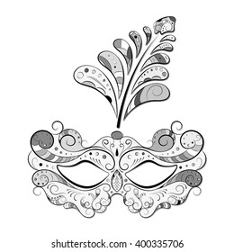 Venetian carnival mask with feathers, abstract background, poster, vector illustration