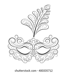 Venetian carnival mask with feathers, abstract background, poster, vector illustration