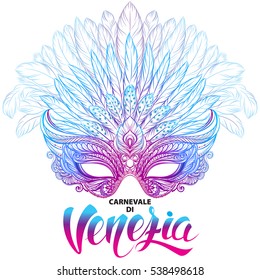 Venetian carnival mask with feathers. Concept design with hand drawn lettering for t-shirt print,  poster, greeting card, party invitation, banner or flyer. Isolated on white background.