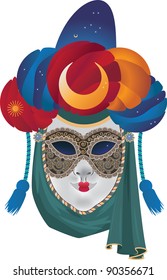 Venetian Carnival Mask With A Turban And Veil. Vector.