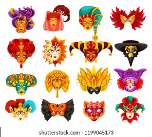 Venetian carnival masks, traditional Venice masquerade festival. Vector masks of animal or bird and mystery human face with veil, feathers or harlequin pattern ornament. Theater or Mardi Gras theme