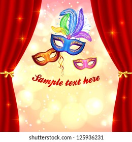 Venetian carnival poster template with masks and curtain on lights background