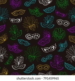 Venetian carnival seamless pattern on dark background. Tiled backdrop with masks for masqeurade cards, posters decorations. Hand drawn carnival wallpaper.