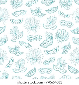 Venetian carnival seamless pattern. Tiled background with masks for masqeurade cards, posters decorations. Hand drawn carnival wallpaper.