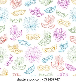 Venetian carnival seamless pattern. Tiled background with masks for masqeurade cards, posters decorations. Hand drawn carnival wallpaper.