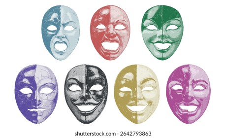 Venetian carnival, theatrical and halloween masks in 8bit + dithering effect. Editable color. Highly defined.