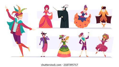 Disfraces venecianos. Personas carnavaleras ini dress exactas vectoriales coloreadas ilustraciones